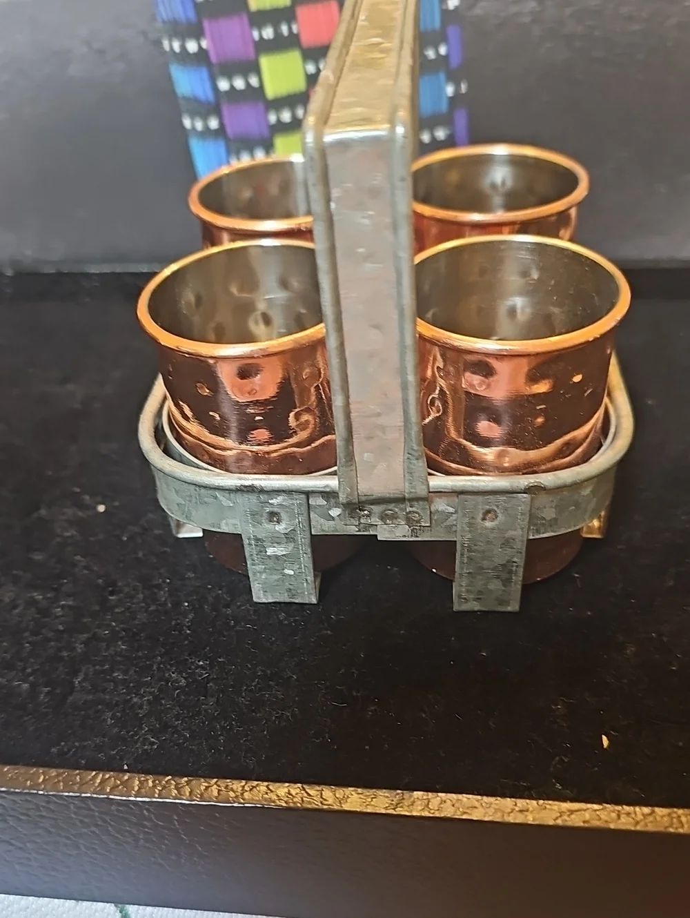 Vintage Hand-Hammered Copper Shot Glasses with Metal Caddy - Set of 4.